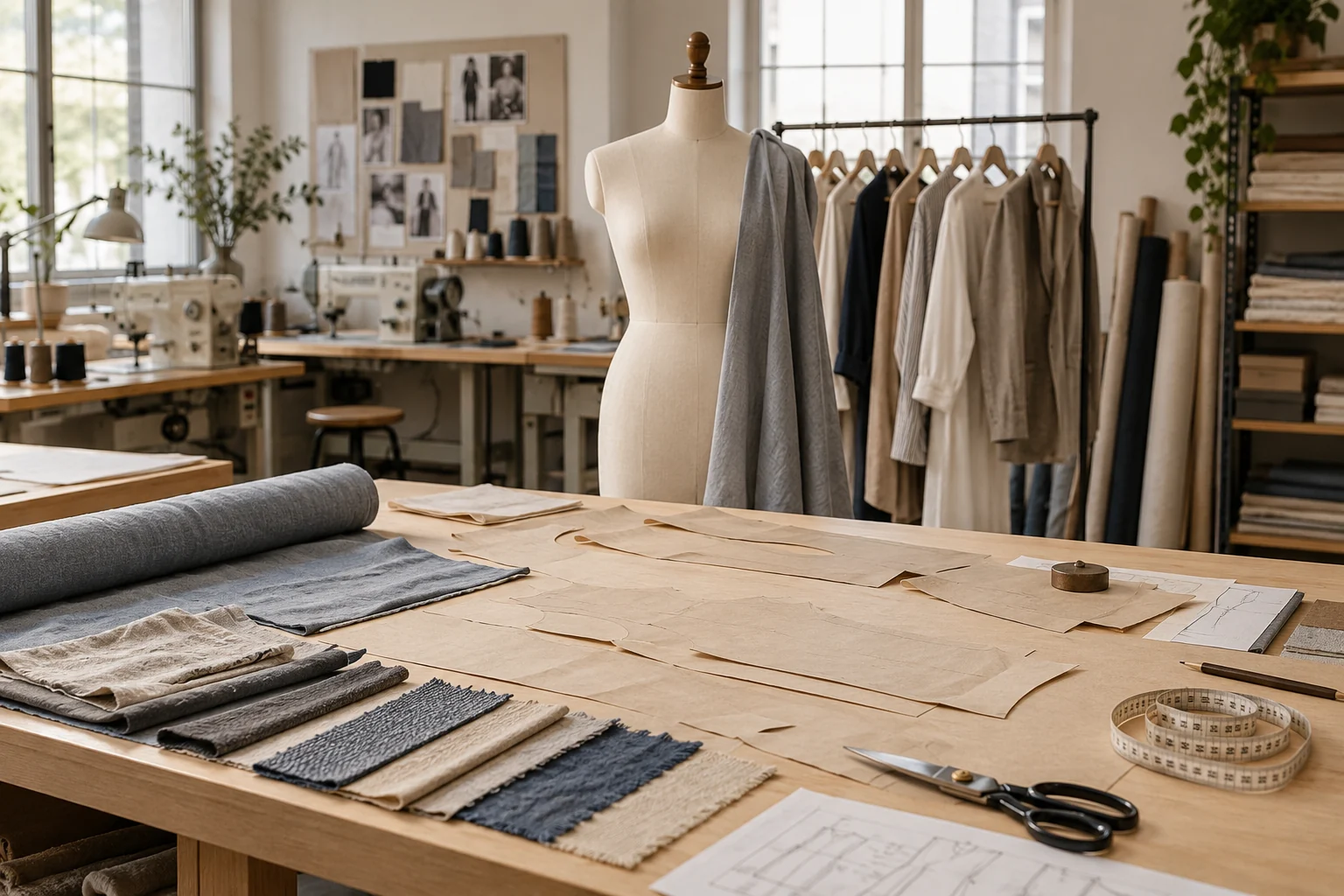 服装打版工作室，展示面料样本与裁缝人台